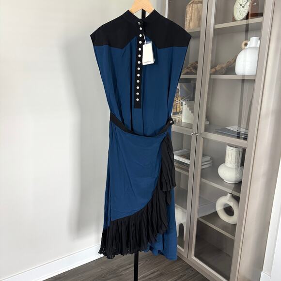 Givenchy Silk Wrap Midi Dress NEW Color Block Blue Black Pleated Ruffle 40 Small - Picture 2 of 8